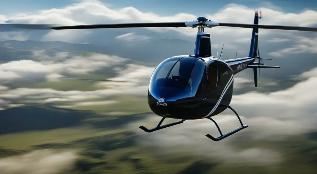 Robinson R44 helicopter flying in the sky