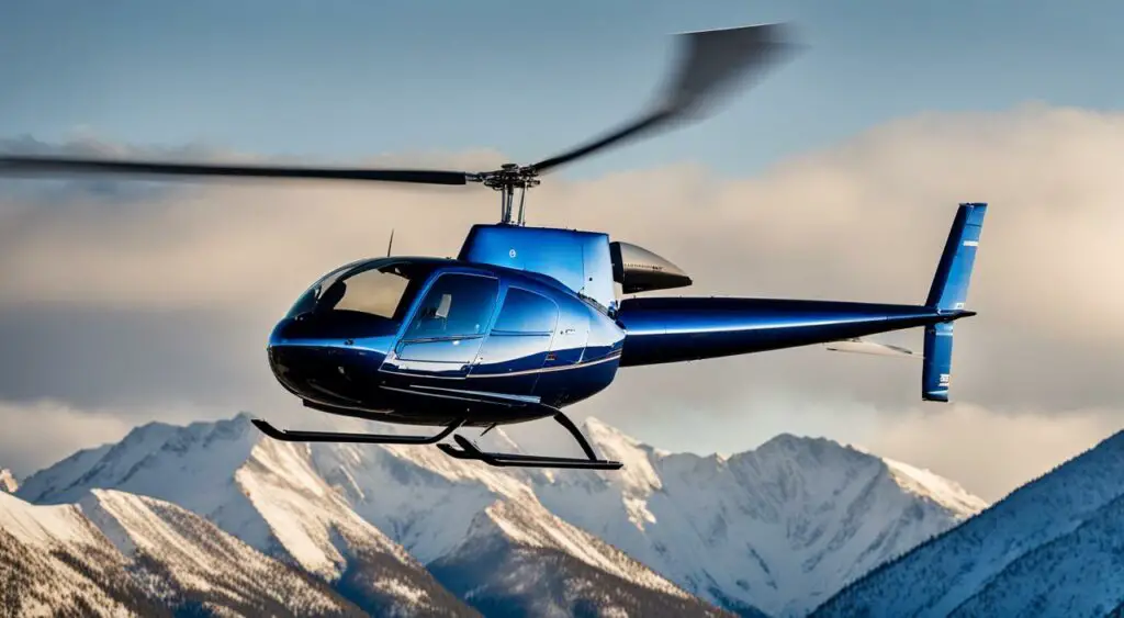 Robinson R44 helicopter flying in the sky with mountains in the background