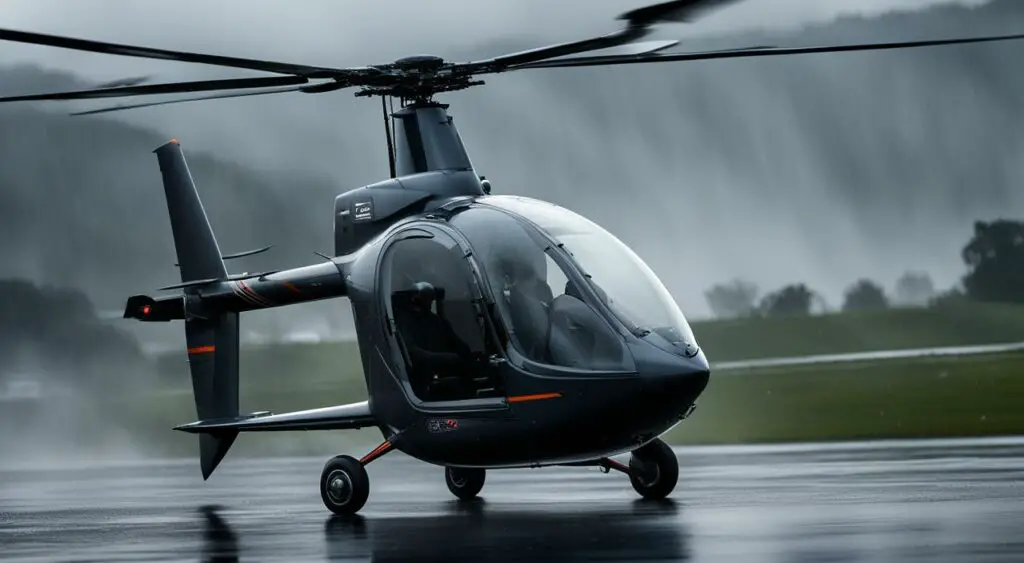 gyrocopter flying in the rain
